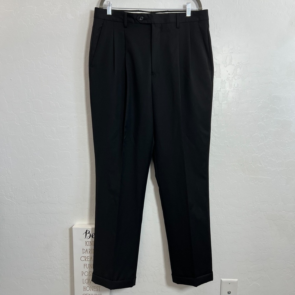 Paul Fredrick Mens 34 Wool Double Pleated Black Dress Pants Cuffed Trousers